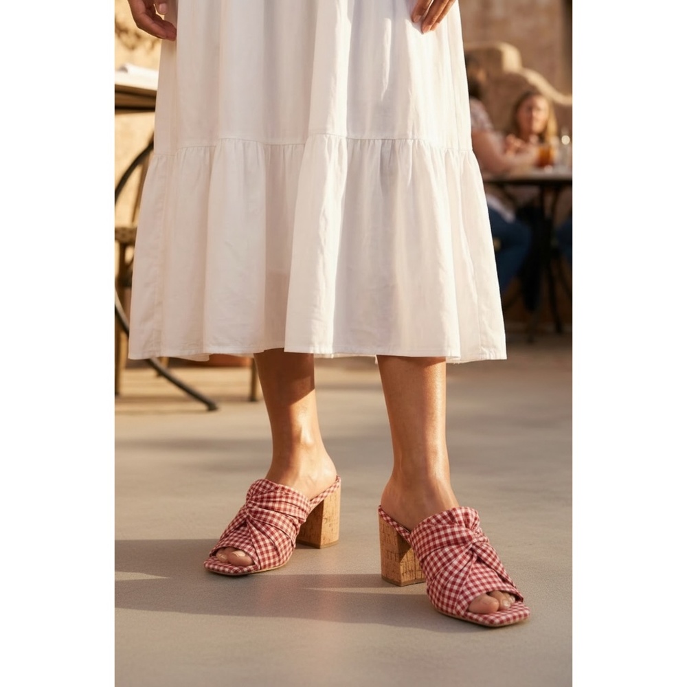 Qupid Red Gingham Open Toe Sandals | Checkered Slip On Block Heel Mules - Picture 7 of 7